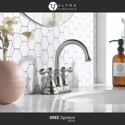 Image showing  Kree Signature 4 in. Centerset Double-Handle Bathroom Faucet Rust Resist with Drain Assembly in Brushed Nickel