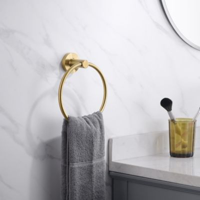 Image showing  Kree 4-Piece Bath Hardware Set with 24 in. Towel Bar, Towel Ring, Toilet Paper Holder and Robe Hook, Brushed Gold