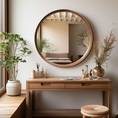 LuxenHome Natural Rubberwood Frame Round Wall Mirror