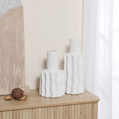 Image showing 6 th LuxenHome White Fluted Tall Stoneware Table Vase