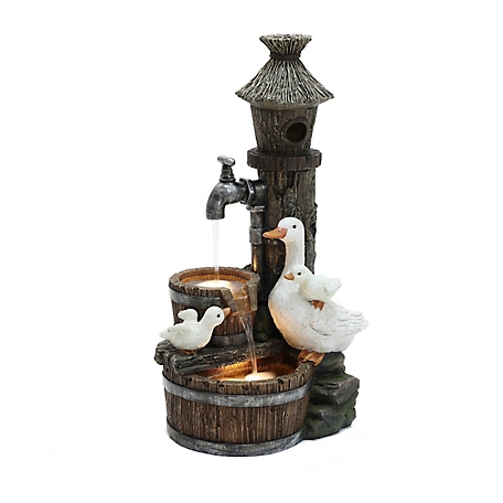 LuxenHome Resin Farmhouse Ducks and Birdhouse Outdoor Water Fountain with Lights, WHF1847