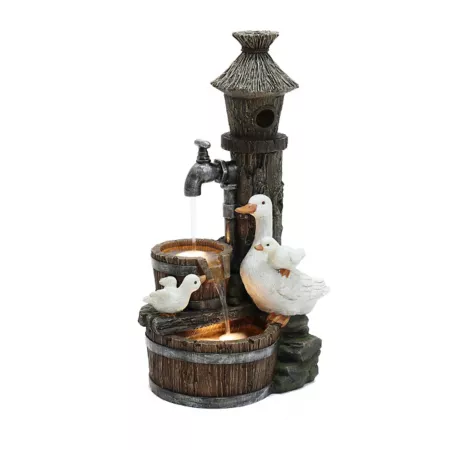 LuxenHome WHF1847 Outdoor Resin Duck and Nest Box Water Fountain with Lights Fountains