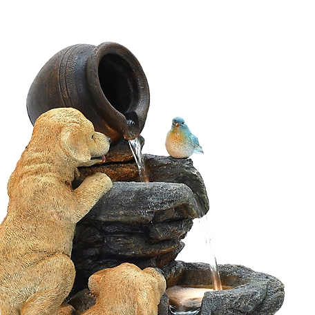 LuxenHome Puppy Rock Tower Farmhouse Resin Outdoor Fountain with Lights, WHF1951