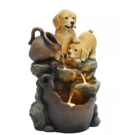 LuxenHome Puppy Friends Farmhouse Outdoor Resin Fountain with Lights WHF1952 Fountains