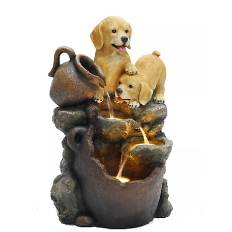 LuxenHome Puppy Friends Farmhouse Resin Outdoor Fountain with Lights, WHF1952