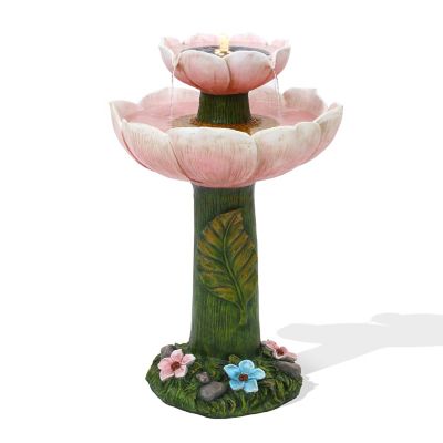 LuxenHome Solar Powered Pink Flower 2-Tier Resin Birdbath Fountain with Lights, WHF1953