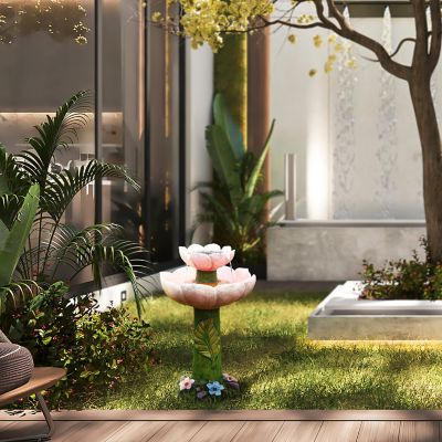 Image showing  Solar Powered Pink Flower 2-Tier Resin Birdbath Fountain with Lights, WHF1953