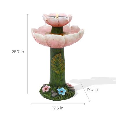 Image showing  Solar Powered Pink Flower 2-Tier Resin Birdbath Fountain with Lights, WHF1953