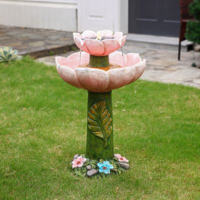 Image showing  Solar Powered Pink Flower 2-Tier Resin Birdbath Fountain with Lights, WHF1953