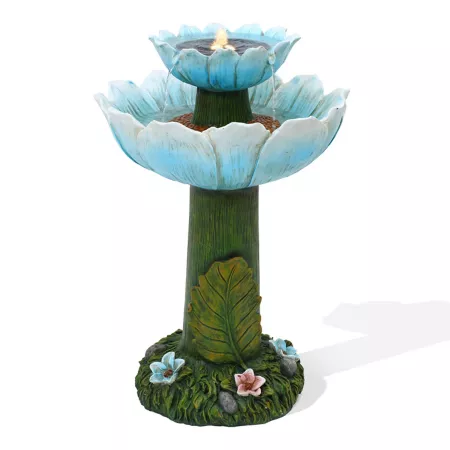 LuxenHome WHF1954 2-Tier Resin Blue Flowers Solar Powered Birdbath Fountain with Lights Fountains