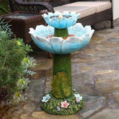 Image showing  Solar Powered Blue Flower 2-Tier Resin Birdbath Fountain with Lights, WHF1954