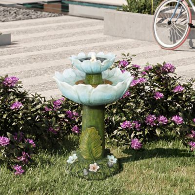 Image showing  Solar Powered Blue Flower 2-Tier Resin Birdbath Fountain with Lights, WHF1954