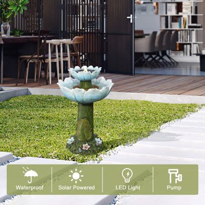 Image showing  Solar Powered Blue Flower 2-Tier Resin Birdbath Fountain with Lights, WHF1954