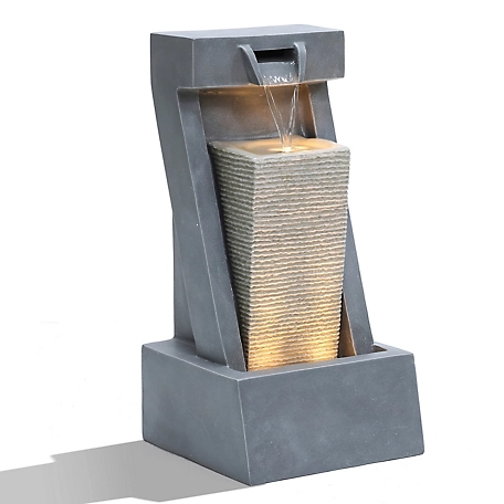 LuxenHome Resin 2-Column Sculpture Outdoor Fountain with Lights, WHF1957
