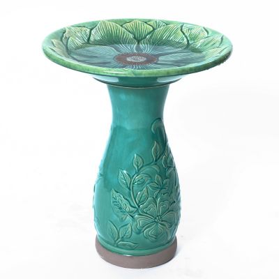 LuxenHome Glazed Flower Ceramic Birdbath