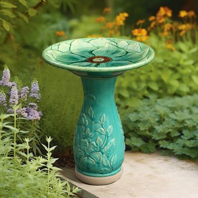 Image showing  Glazed Flower Ceramic Birdbath