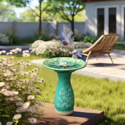 Image showing  Glazed Flower Ceramic Birdbath