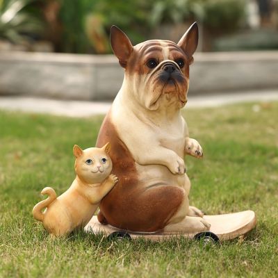 Image showing 1 th LuxenHome Kitten and Dog with Skateboard Sculpture Resin Statue, Indoor and Outdoor