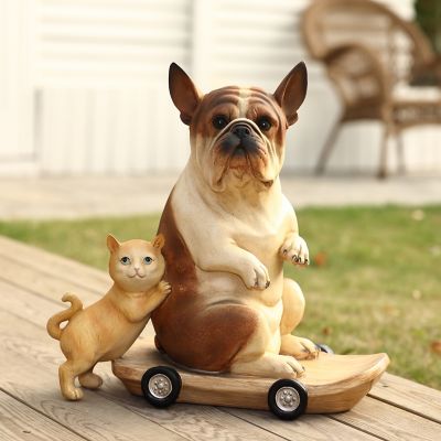 Image showing 2 th LuxenHome Kitten and Dog with Skateboard Sculpture Resin Statue, Indoor and Outdoor