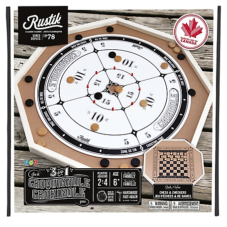 Rustik 3-In-1 Deluxe Crokinole, Checkers & Chess, Family Ages 6+, 2-4 Players