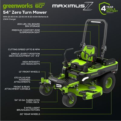 Image showing 8 th Greenworks Maximus Z 54 in. 60V Cordless Electric Zero-Turn Mower, Battery and Charger Included