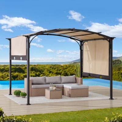 Image showing  9.5 ft. x 11 ft. Steel Arched Pergola with 2-Tone Adjustable Shade