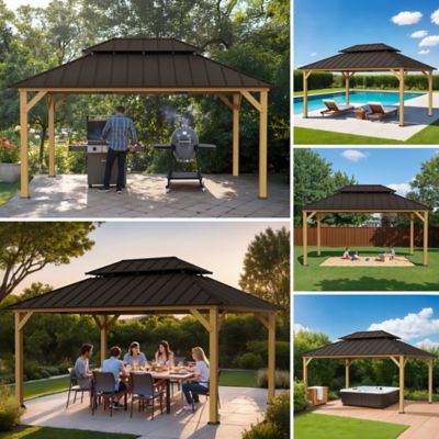 Image showing  12 x 16 ft. Cedar Framed Wood Gazebo, Hardtop Gazebo with with 2-Tier Metal Steel Roof