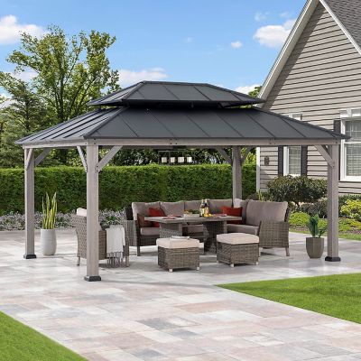Image showing  12 x 16 ft. Cedar Framed Wood Gazebo, Hardtop Gazebo with with 2-Tier Metal Steel Roof