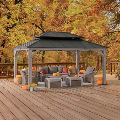Image showing 9 th Sunjoy 12 x 16ft. Cedar Framed Wood Gazebo, Hardtop Gazebo with with 2-Tier Metal Steel Roof