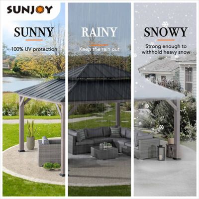 Image showing 8 th Sunjoy 13 x 15ft. Cedar Framed Gazebo with Brown/Black Steel 2-Tier Hip Roof Hard Top Outdoor Shade Patio & Lawn