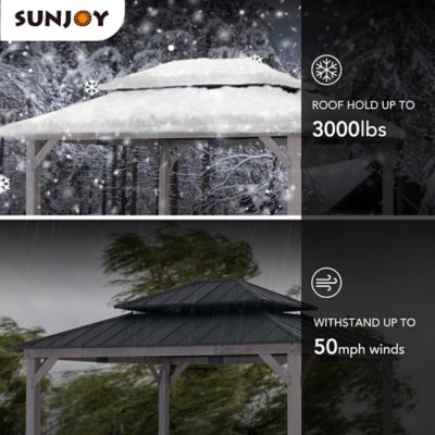 Image showing 9 th Sunjoy 13 x 15ft. Cedar Framed Gazebo with Brown/Black Steel 2-Tier Hip Roof Hard Top Outdoor Shade Patio & Lawn