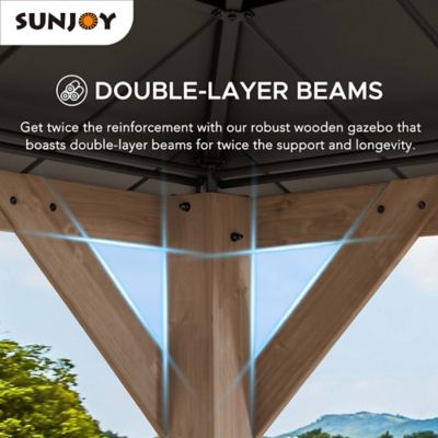 Image showing 7 th Sunjoy 13 x 15ft. Cedar Framed Gazebo with Brown/Black Steel 2-Tier Hip Roof Hard Top Outdoor Shade Patio & Lawn