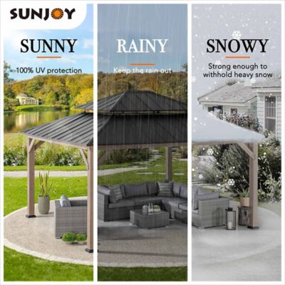 Image showing 8 th Sunjoy 13 x 15ft. Cedar Framed Gazebo with Brown/Black Steel 2-Tier Hip Roof Hard Top Outdoor Shade Patio & Lawn