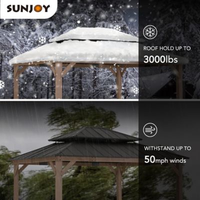 Image showing 9 th Sunjoy 13 x 15ft. Cedar Framed Gazebo with Brown/Black Steel 2-Tier Hip Roof Hard Top Outdoor Shade Patio & Lawn