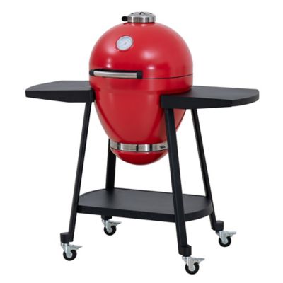 Sunjoy Charcoal Grill 20 Inch,Egg-shaped Outdoor Grill with Pizza Stone, Ultimate BBQ Grill and Smoker with Wheels, Red