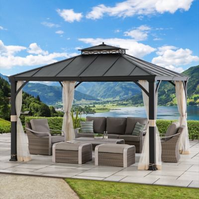 Sunjoy Hardtop Gazebo 11 x 13 ft. Outdoor Patio Black Metal Gazebo with Ceiling Hook and Mesh Netting, Black