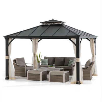 Image showing  Hardtop Gazebo 11 x 13 ft. Outdoor Patio Black Metal Gazebo with Ceiling Hook and Mesh Netting, Black