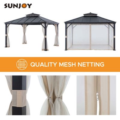 Image showing 6 th Sunjoy Hardtop Gazebo 11 x 13 ft. Outdoor Patio Black Metal Gazebo with Ceiling Hook and Mesh Netting, Black