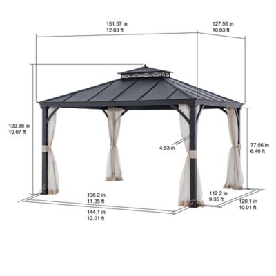 Image showing 7 th Sunjoy Hardtop Gazebo 11 x 13 ft. Outdoor Patio Black Metal Gazebo with Ceiling Hook and Mesh Netting, Black