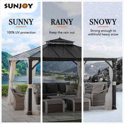 Image showing 8 th Sunjoy Hardtop Gazebo 11 x 13 ft. Outdoor Patio Black Metal Gazebo with Ceiling Hook and Mesh Netting, Black