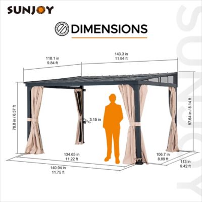 Image showing 6 th Sunjoy 10 x 12 ft Wall-Mounted Gazebo with Powder Coated Steel Roof, Aluminum & Metal Frame with Curtains and Netting