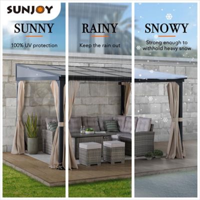 Image showing 6 th Sunjoy 10 x 12ft. Wall Mounted Gazebo with PC Roof Black Aluminum & Metal Frame Lean to Gazebo with Curtains and Netting