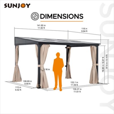 Image showing 7 th Sunjoy 10 x 12ft. Wall Mounted Gazebo with PC Roof Black Aluminum & Metal Frame Lean to Gazebo with Curtains and Netting