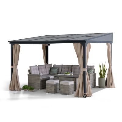 Image showing 8 th Sunjoy 10 x 12ft. Wall Mounted Gazebo with PC Roof Black Aluminum & Metal Frame Lean to Gazebo with Curtains and Netting