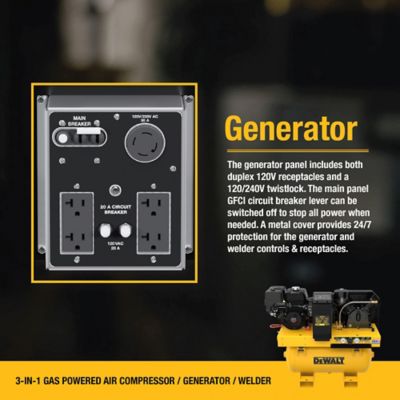 Image showing 7 th DEWALT 3-in-1 Two Stage Compressor 30G, 175 Max PSI, 13.6 SCFM @ 100PSI, Gas, Generator 5,500 W, & Welder 200 Amp