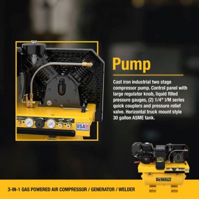 Image showing 9 th DEWALT 3-in-1 Two Stage Compressor 30G, 175 Max PSI, 13.6 SCFM @ 100PSI, Gas, Generator 5,500 W, & Welder 200 Amp