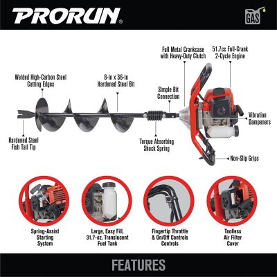 Image showing  51.7cc One Person Gas-Powered 2-Cycle Earth Auger with 8 x 36 in. Bit