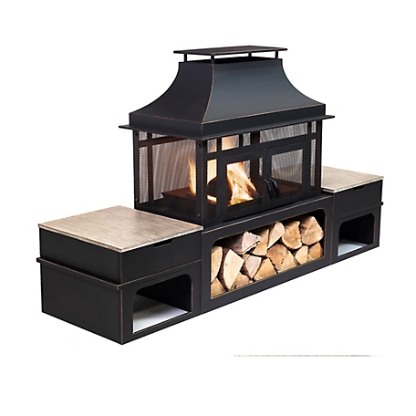 Deko Living 80 in. Rectangular Outdoor Steel Woodburning Fireplace with Log Storage Compartment & Side Tables
