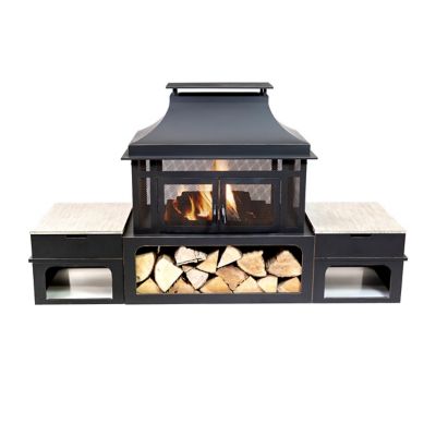 Image showing  80 in. Rectangular Outdoor Steel Wood-Burning Fireplace with Log Storage Compartment and Side Tables