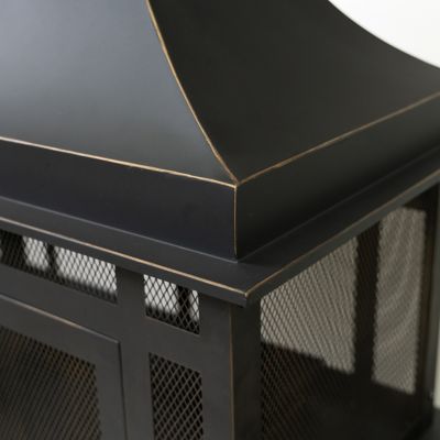 Image showing  80 in. Rectangular Outdoor Steel Wood-Burning Fireplace with Log Storage Compartment and Side Tables